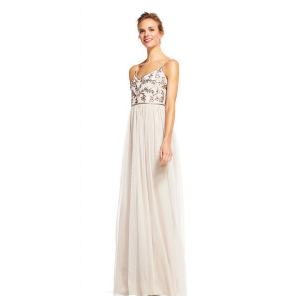 Adrianna Papell Beaded Bodice Gown Size 8M Biscotti